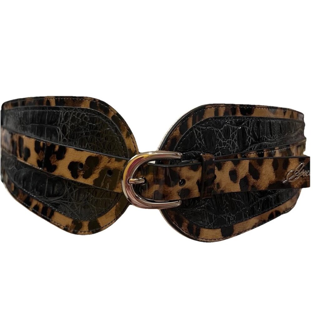 Guess Vtg Cinch Belt L/XL Leopard Stretch Adjustable 3-4" wide 80s Rock Festival